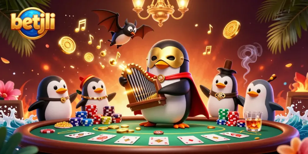 Experience gaming excitement with betjili in a vibrant casino scene featuring a 3D penguin organist.
