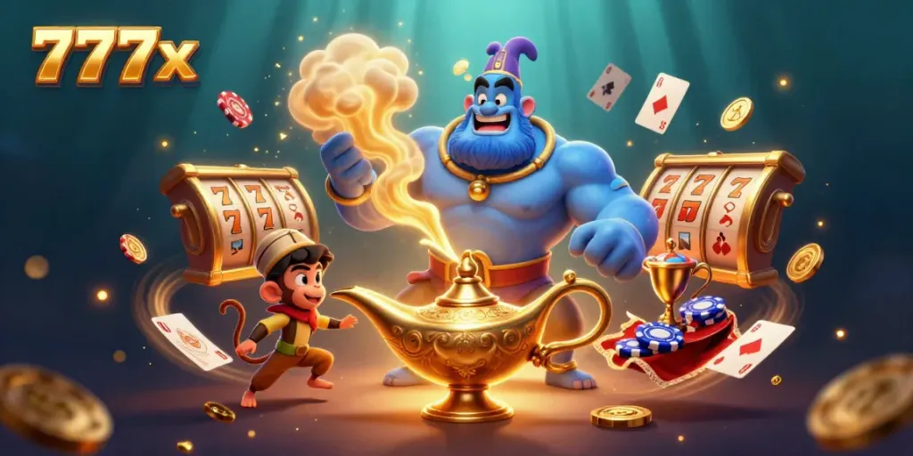 Win big with 777x in this dynamic illustration featuring a genie, poker chips, and casino elements.