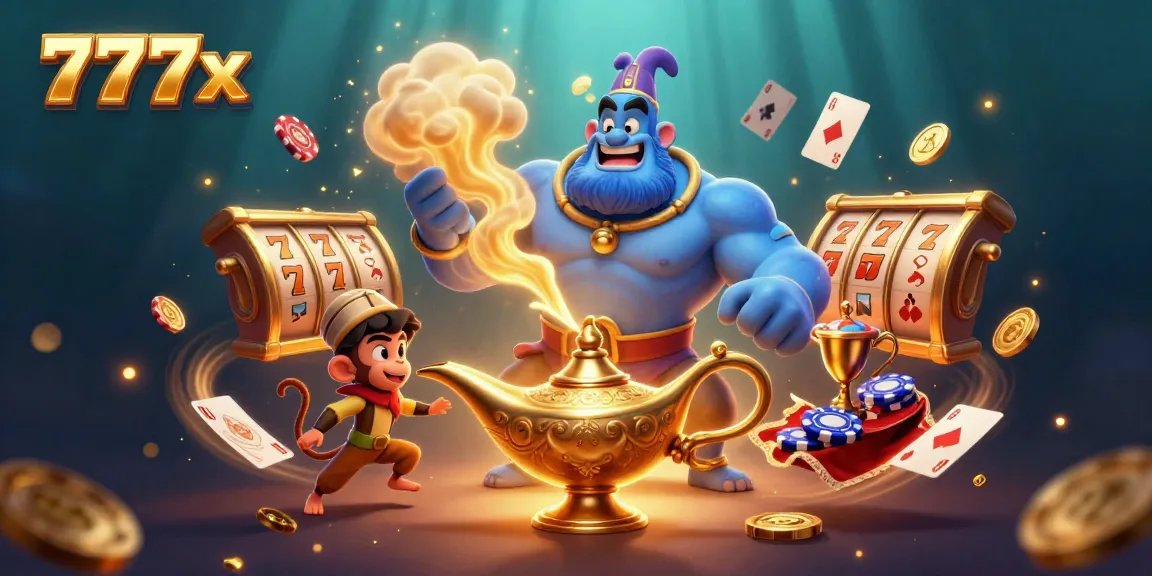 Win big with 777x in this dynamic illustration featuring a genie, poker chips, and casino elements.
