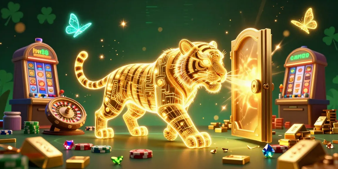 Experience the excitement of hm88 with a dazzling digital casino featuring a golden tiger and vibrant game elements.