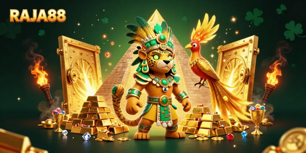 Experience the excitement of RAJA88 as the Mayan jaguar priest guards treasures in a vibrant casino scene.