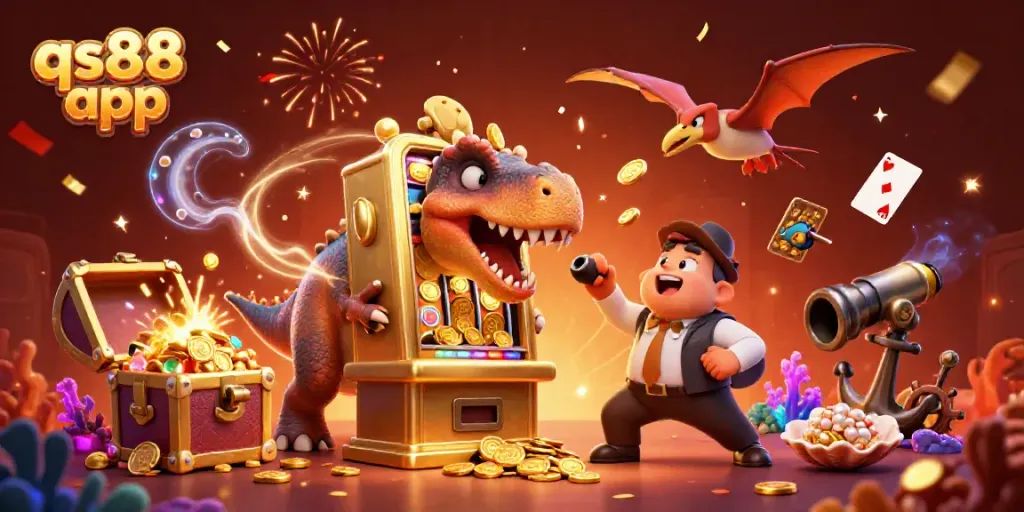 Experience the excitement of the qs88 app with a dynamic 3D illustration of a dinosaur-themed casino.