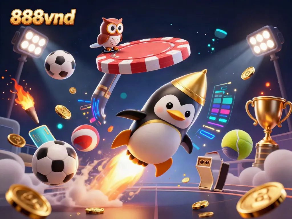 Experience thrilling gameplay at 888vnd, with a vibrant scene of a golden penguin and dynamic sports elements.