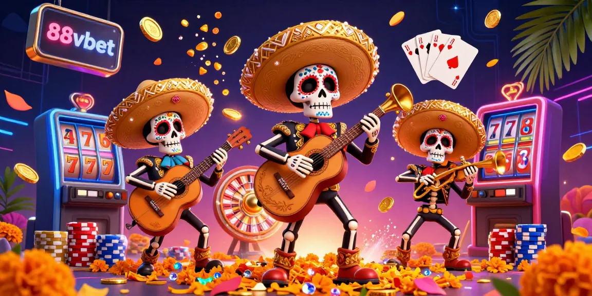 Experience the vibrant 88vbet mariachi band surrounded by coins and gems, showcasing dynamic casino elements.
