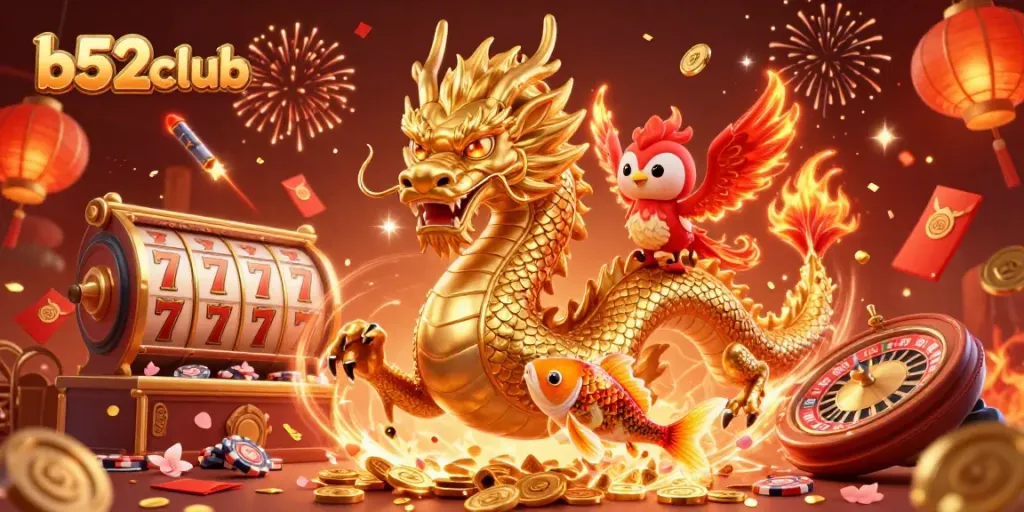 Spin the slots with exciting b52club imagery featuring dragons, phoenixes, and golden coins.