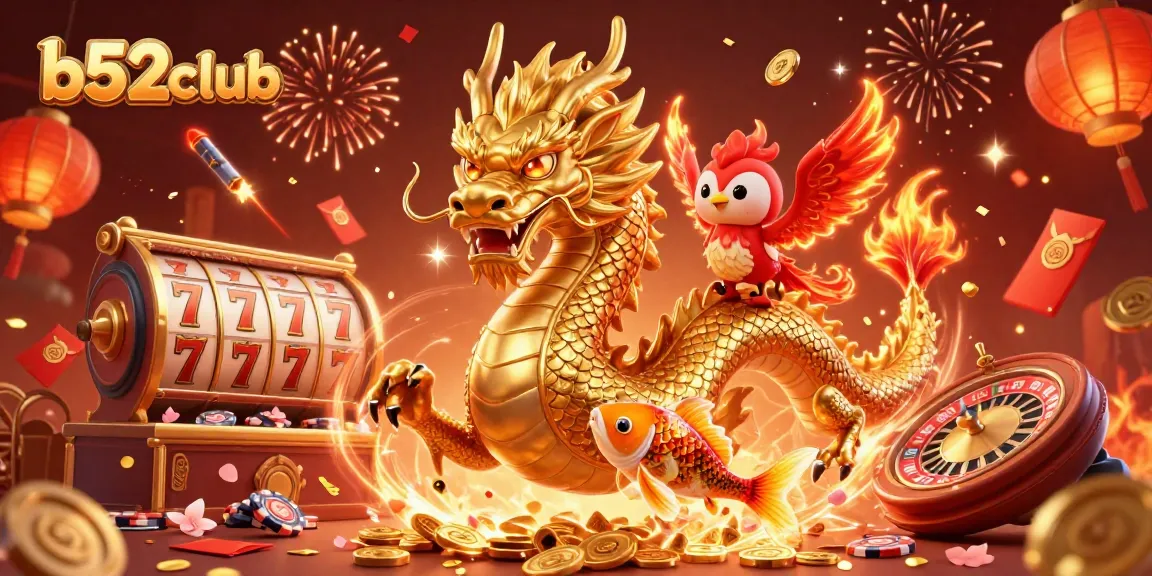 Spin the slots with exciting b52club imagery featuring dragons, phoenixes, and golden coins.
