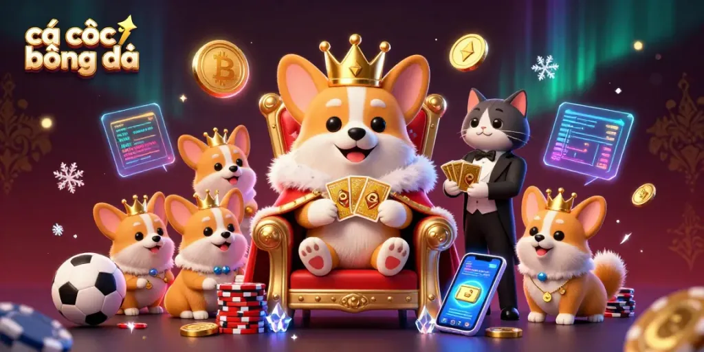 Experience cá cược bóng đá with a regal dog character amidst sports elements and vibrant details in this 3D digital illustration.