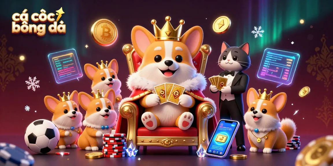 Experience cá cược bóng đá with a regal dog character amidst sports elements and vibrant details in this 3D digital illustration.