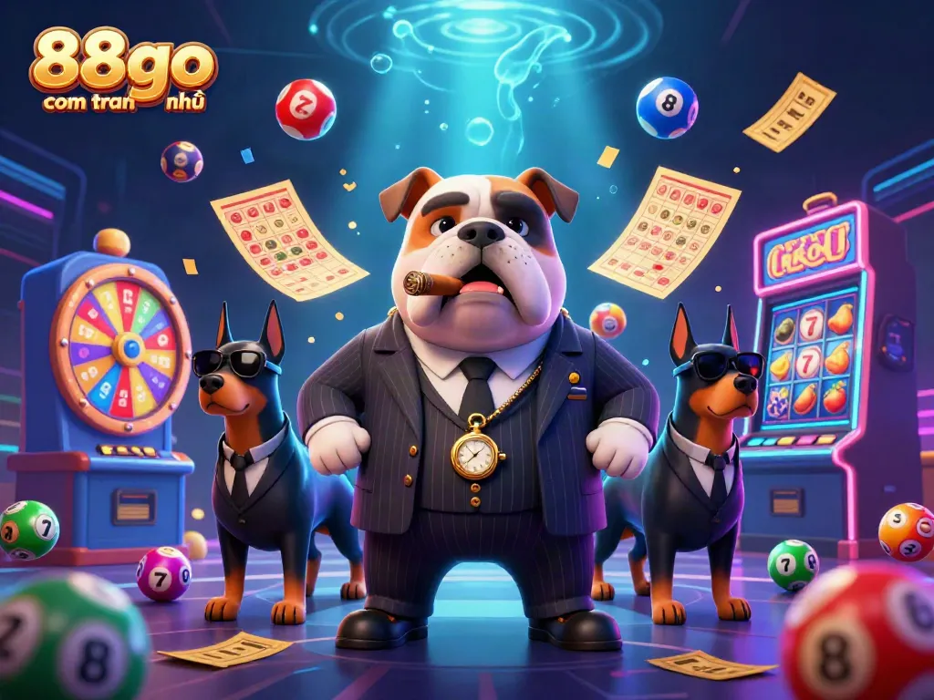 Engage with 88go com trang chủ's vibrant casino scene featuring a mafia bulldog and Doberman bodyguards amidst dynamic gaming elements.