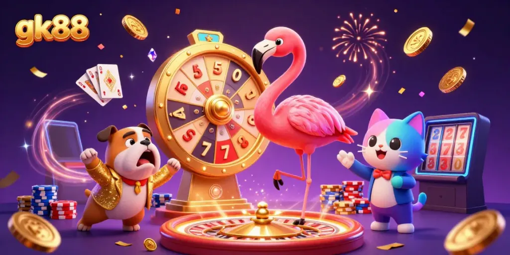 Experience the thrill of gk88 casino with a lively scene featuring a flamingo host, bulldog contestant, and scoreboard cat.