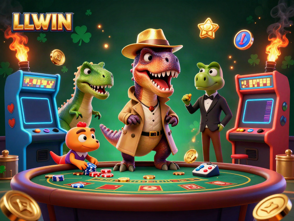 LLWIN showcases a thrilling casino scene with cartoon dinosaurs in a vibrant gambling atmosphere.