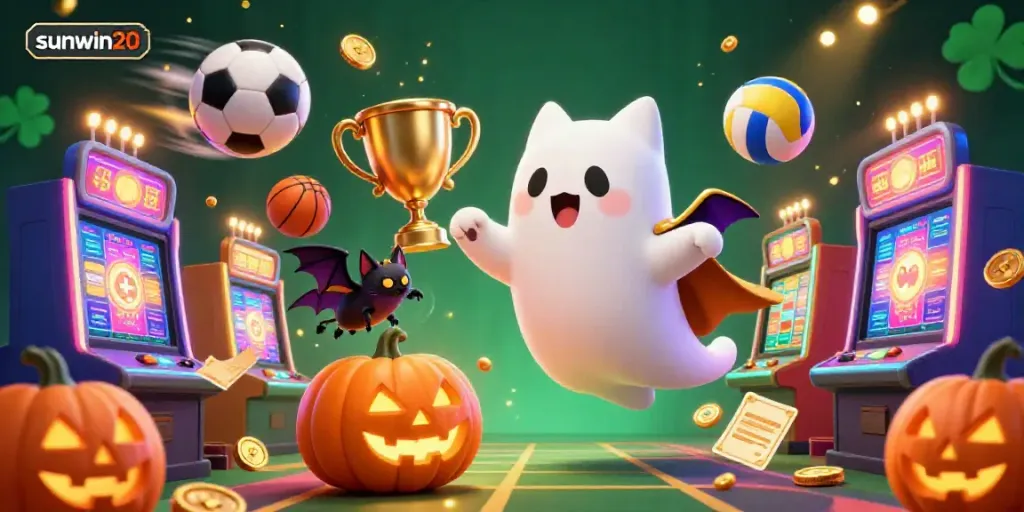Experience the excitement of sunwin20 in a lively casino scene with a ghost cat and vampire bat.