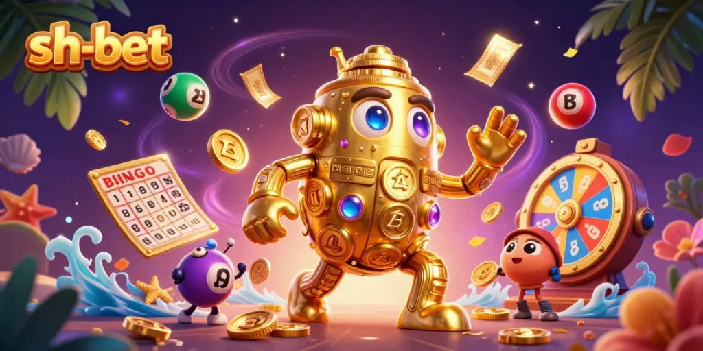 Engage with sh-bet's thrilling gaming experience portrayed by a golden golem and vibrant lottery elements.
