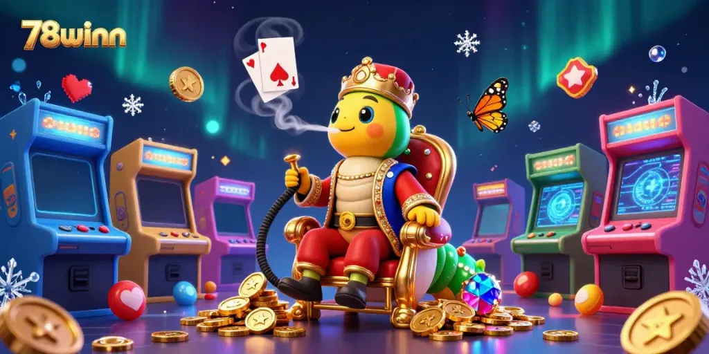 Experience thrilling gameplay at 78winn with vibrant casino elements in a dynamic 3D illustration.
