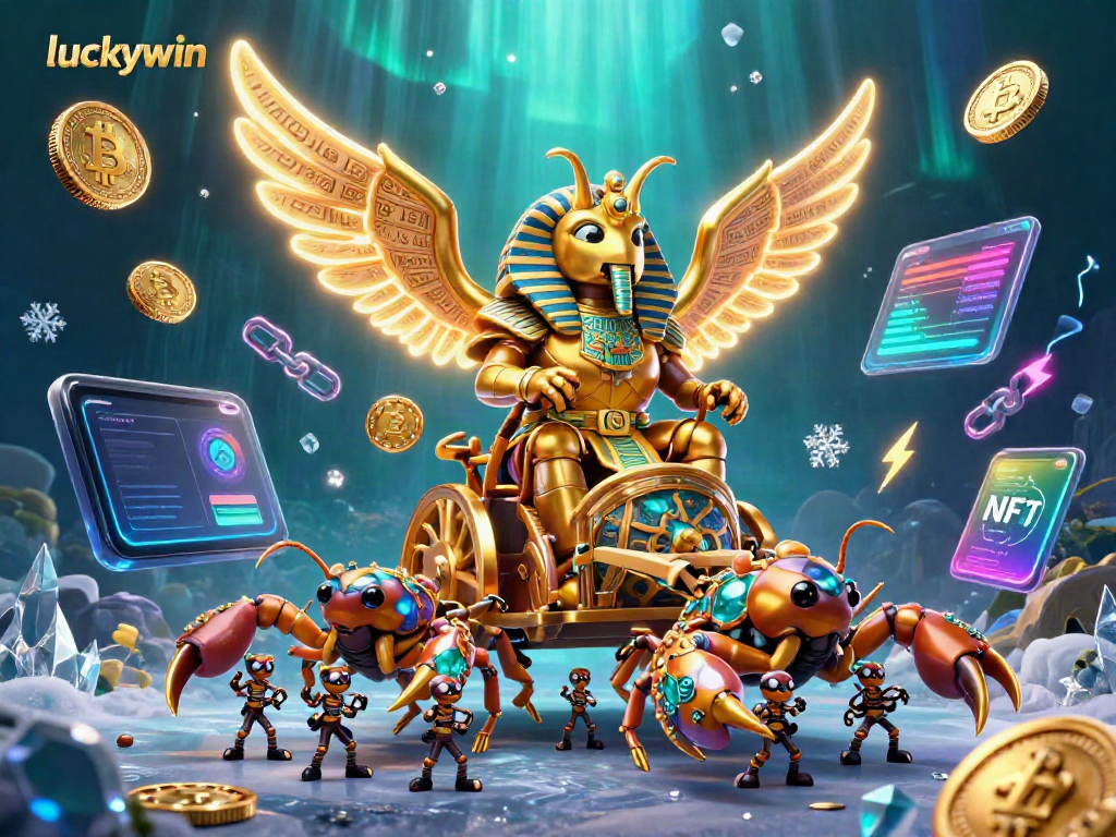 Experience luckywin casino action with a colossal golden scarab and dynamic crypto elements.