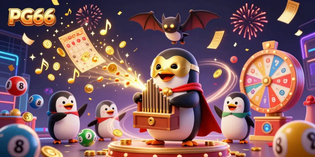 Experience the vibrant world of PG66 as a penguin plays an organ shooting golden coins amid dynamic casino action.