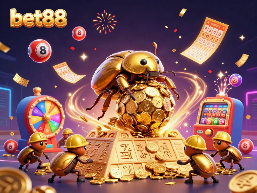 Experience the excitement of bet88 as colorful lottery balls bounce among 3D cartoon beetles rolling golden coins.