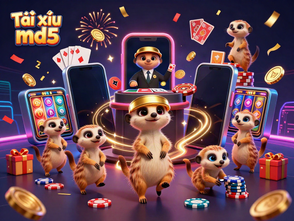 Experience the thrill of Tài xỉu md5 as meerkats engage in a vibrant casino scene.