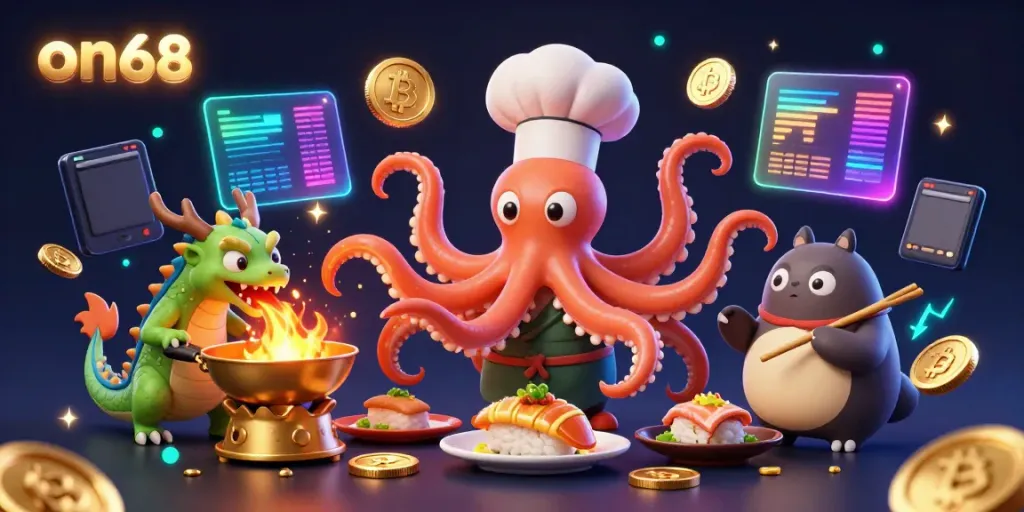 Experience thrilling slots at on68 with vibrant characters and crypto elements enhancing the scene.