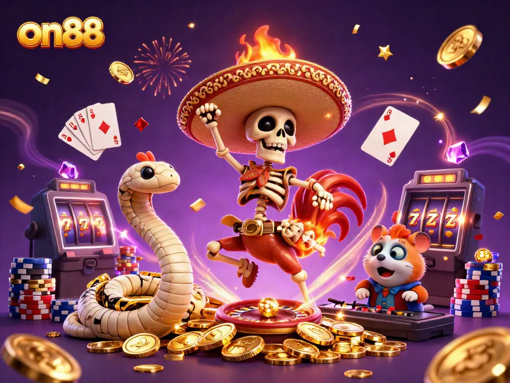 Experience the excitement of on88 with a vibrant 3D illustration showcasing a festive mariachi rooster, mummy snake, and DJ hamster amidst dazzling casino elements.