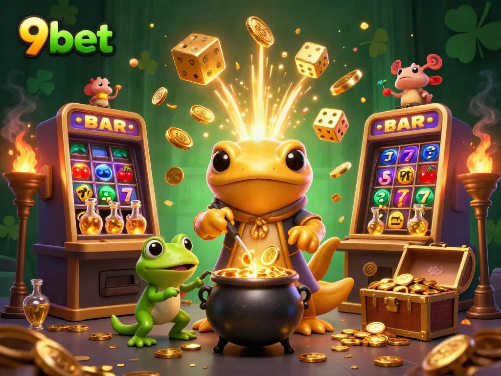Experience 9bet's vibrant gaming world with golden treasures and dynamic slots bursting with excitement.