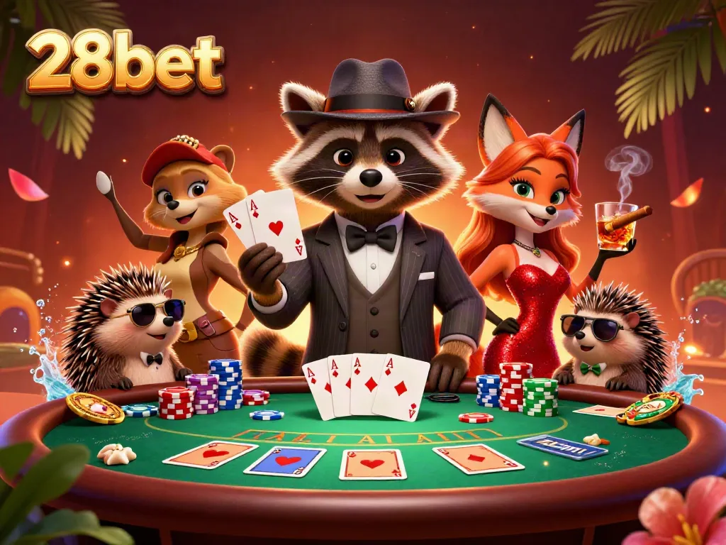 Experience 28bet excitement with a suave raccoon and fox lady at a vibrant poker table.
