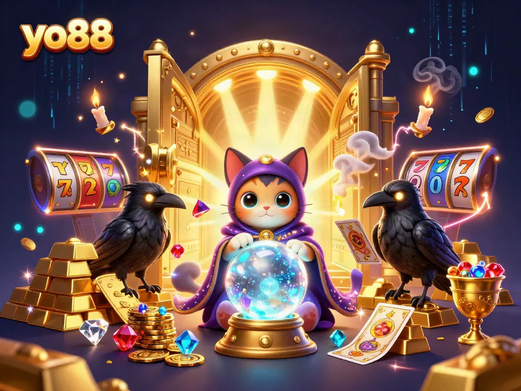Experience thrilling games at yo88 with a vibrant scene featuring a mystic cat, glowing raven, and dynamic casino elements.