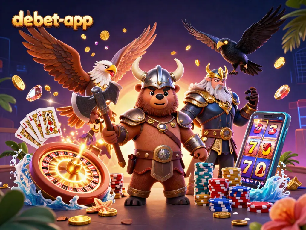 Engage with the debet-app in a vibrant casino scene featuring a Viking bear, roulette, and sparkling gems.