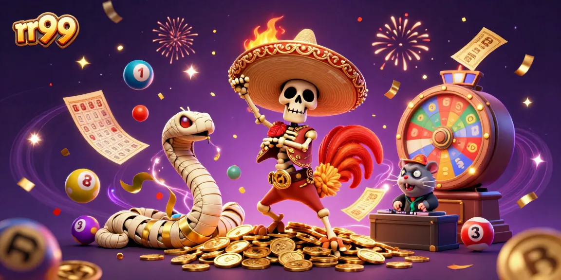 Experience excitement at rr99 with a joyous scene of festive gambling characters amid colorful game elements and golden coins.