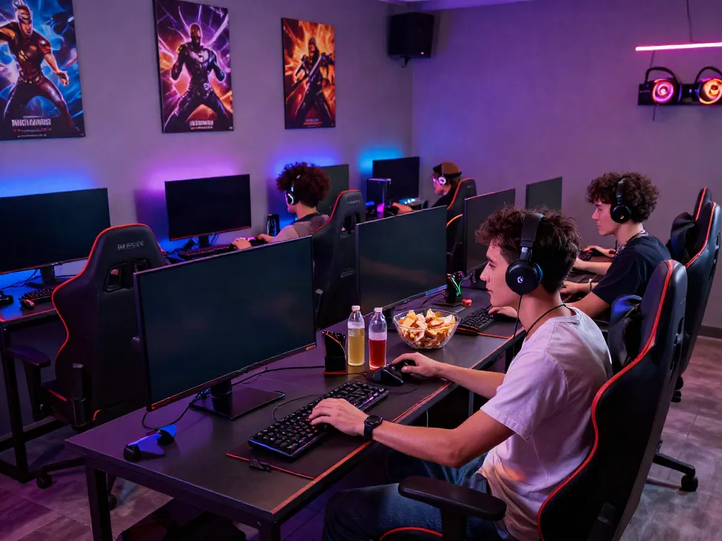 Engaging gaming night at kilat404 with friends enjoying multiplayer games, colorful atmosphere, and vibrant gaming setup.