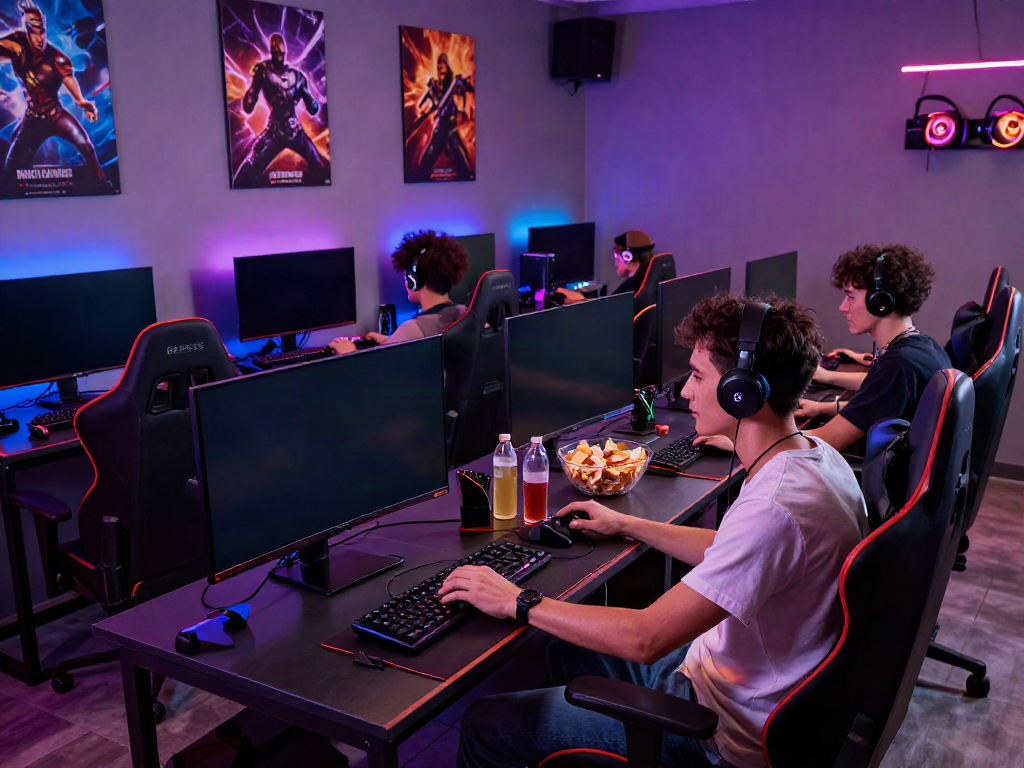 Engaging gaming night at kilat404 with friends enjoying multiplayer games, colorful atmosphere, and vibrant gaming setup.