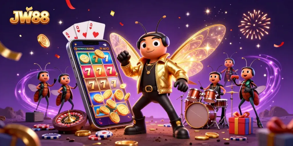 Experience JW88's vibrant casino world with a lively rock star and exciting game elements.
