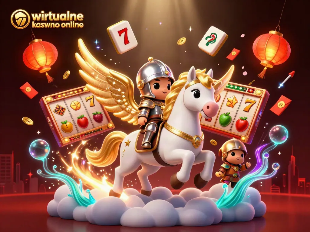 wirtualne kasyno online showcases a magical scene with a celestial horse and knight amid vibrant casino elements.