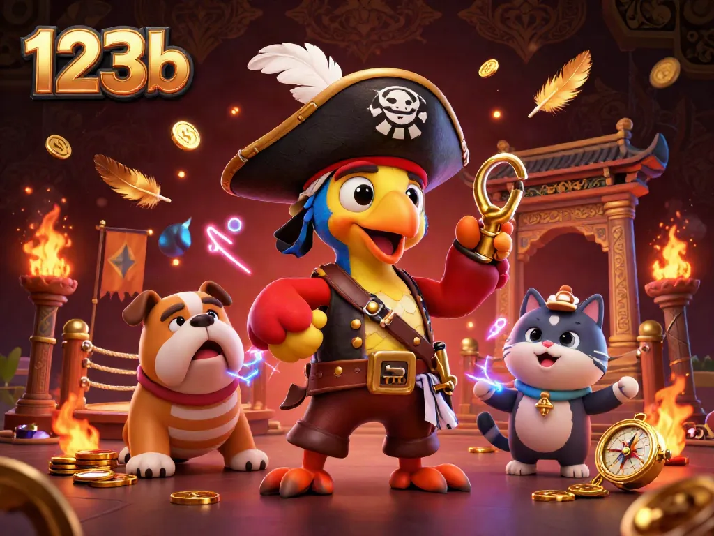 Bet on excitement with 123b in a thrilling pirate-themed casino scene featuring animated characters and rich game elements.