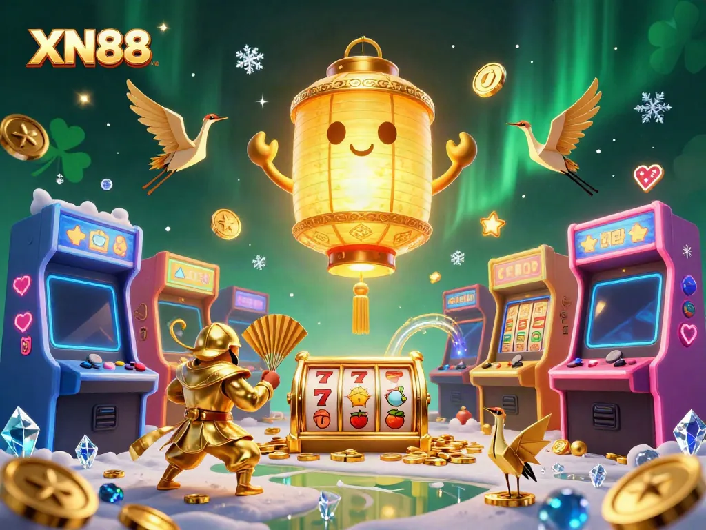 Engage in the thrilling XN88 casino scene with a glowing golden lantern spirit and interactive game elements.