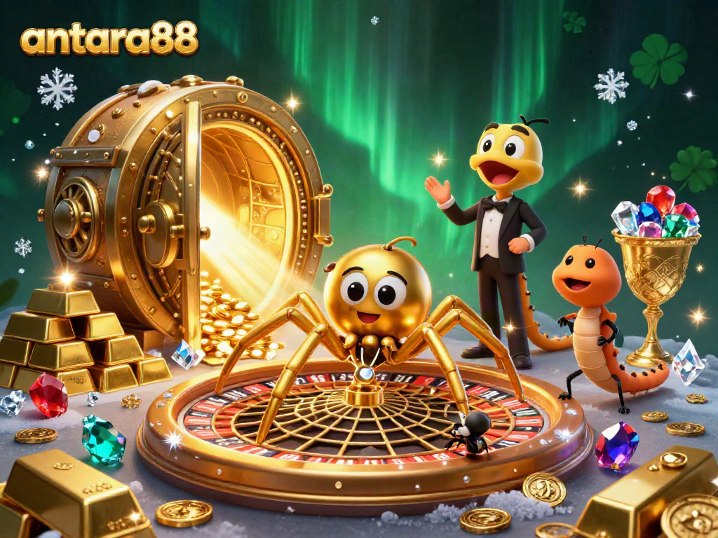 Experience the excitement of antara88 with a golden spider and a centipede croupier in a vibrant 3D casino setting.