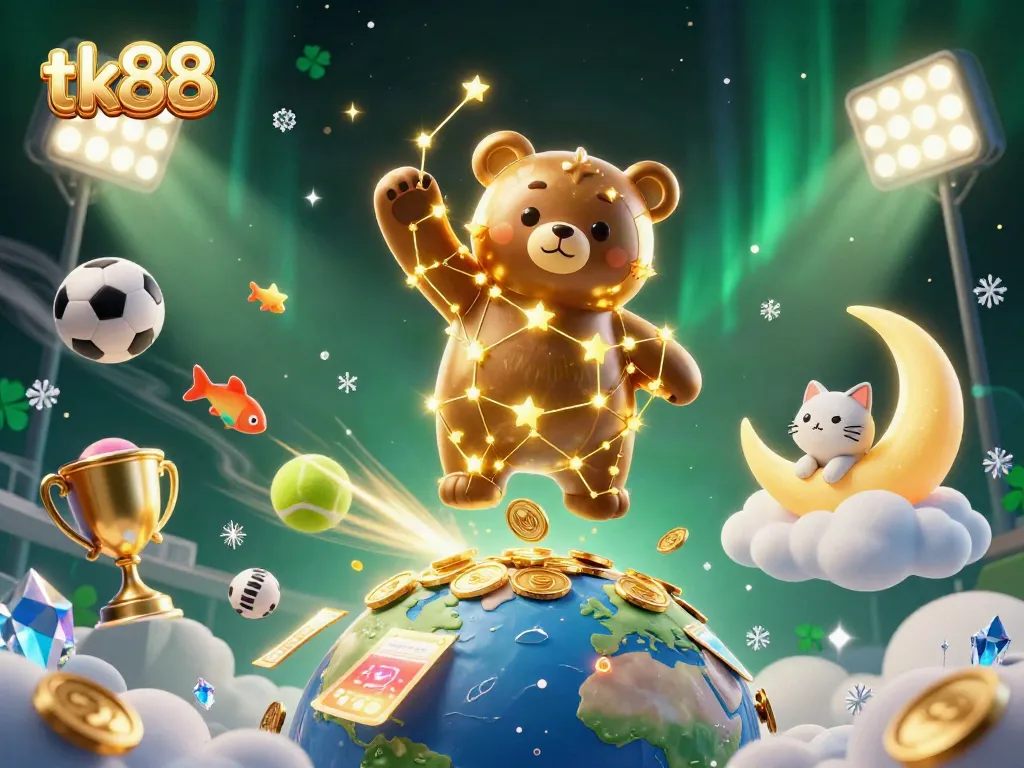 Join the excitement with tk88 in a vibrant casino gaming illustration featuring shooting star fish and gold coins.