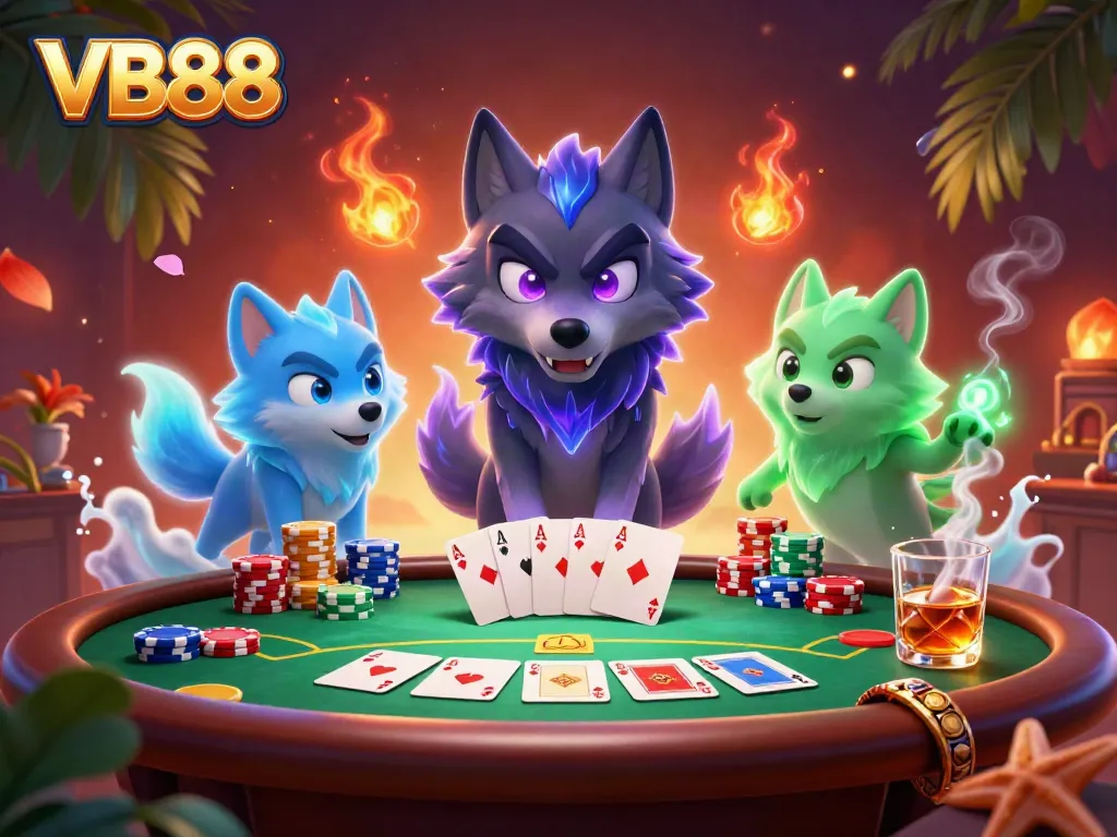 Experience the thrilling VB88 gaming atmosphere with spectral wolves and vibrant poker elements.
