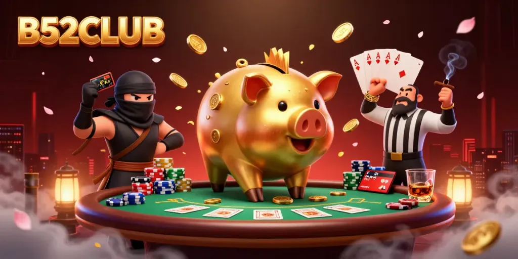 B52CLUB gaming scene featuring dynamic characters at a poker table surrounded by riches.