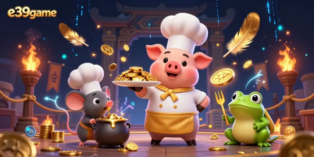 Experience thrilling gameplay at e39game with cartoon characters in a gold-filled casino setting.