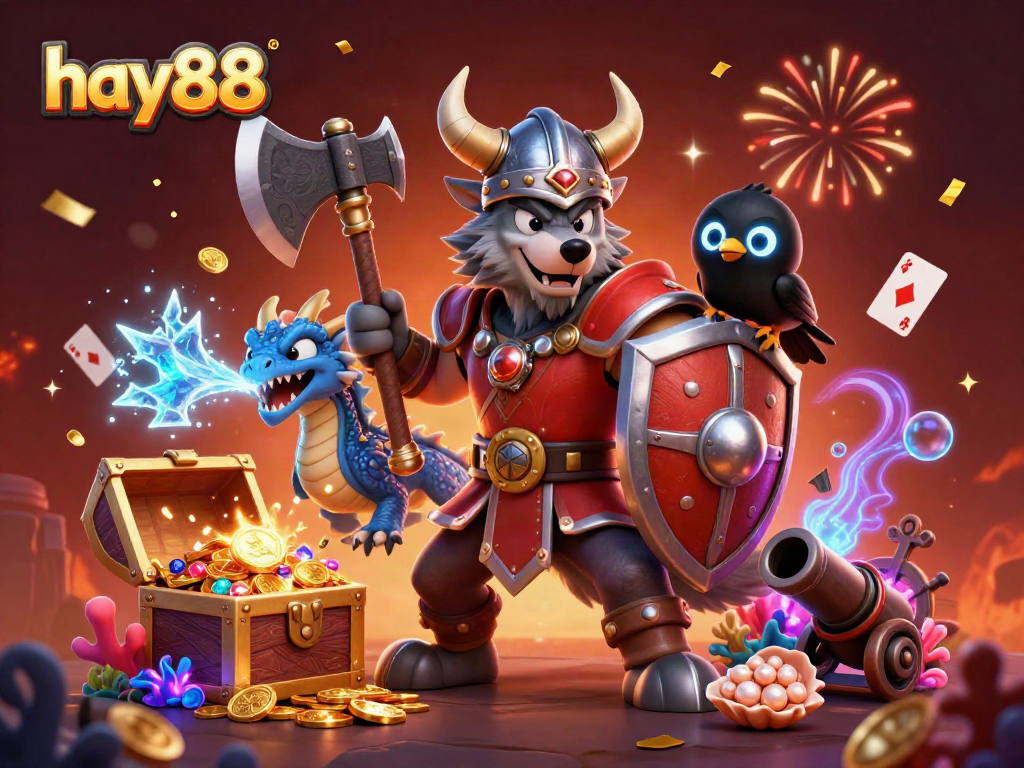 Experience the thrill of gaming at hay88 with a Viking warrior and a dragon in a colorful casino scene.