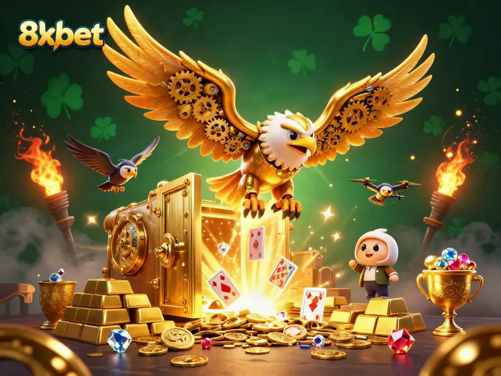 Experience thrilling gameplay with 8xbet's vibrant casino scene showcasing holographic playing cards and treasures.