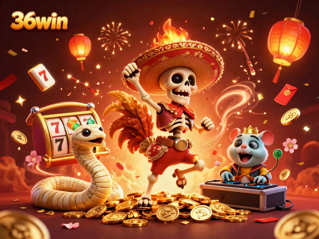 Spin the reels with 36win for exciting wins, featuring dynamic casino elements and characters.