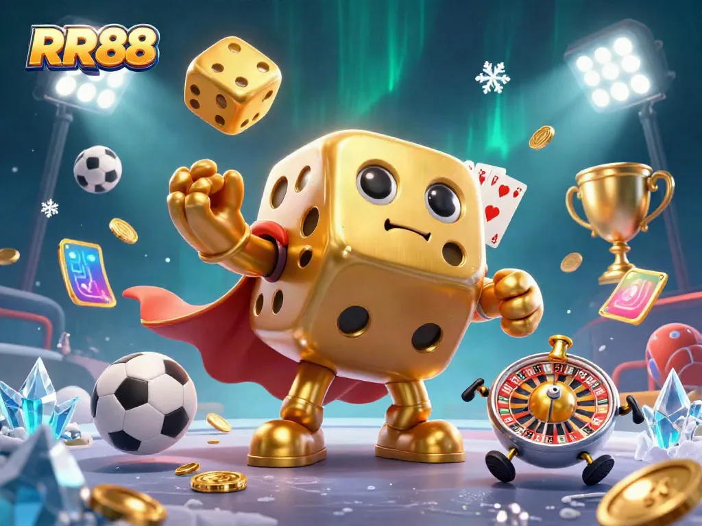 RR88 showcases dynamic sports betting action, featuring dice and sports elements in a vibrant 3D illustration.