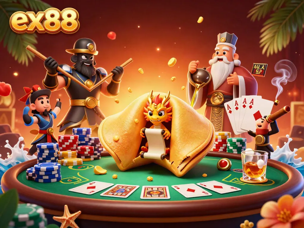 Engage in the excitement of ex88 with a 3D cartoon scene of a golden fortune cookie, poker elements, and vibrant characters.