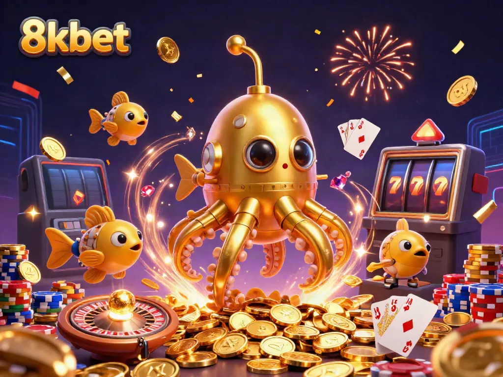 Experience winning at 8kbet with a colorful illustration of immersive casino gaming elements.