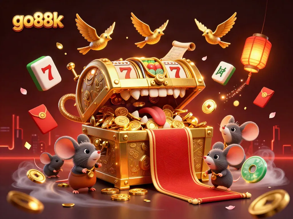 Experience the excitement of go88k with a cinematic treasure hunt in this vibrant, casino-themed 3D illustration.
