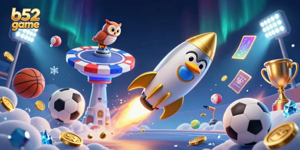 Experience the thrilling b52 game with a golden penguin soaring towards a casino in outer space, surrounded by dynamic sports elements.