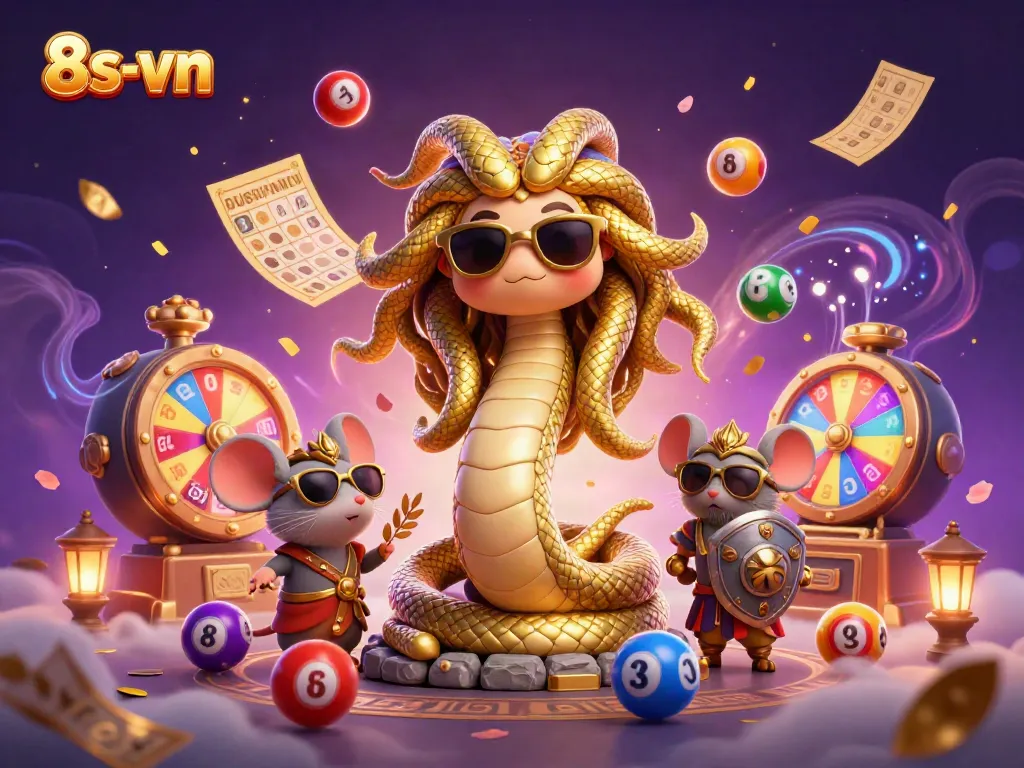 Experience the excitement of 8s-vn with lively illustrations of a Medusa snake-lady and gaming elements.