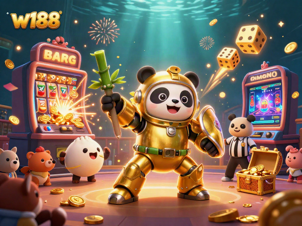 Experience the excitement of w188 with a dynamic casino scene featuring a mech-suit panda in a vibrant arena.